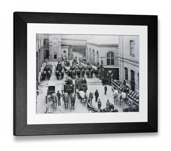Framed Print : Horse Drawn Delivery Trucks In Street Framed Print : Horse Drawn Delivery Trucks In Street