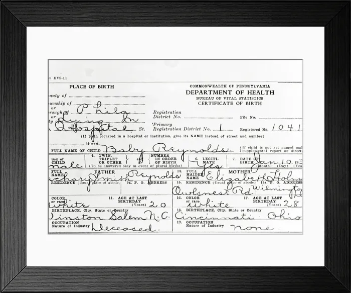 Framed Print : Libby Holman Reynolds Birth Certificate Framed Print : Libby Holman Reynolds Birth Certificate