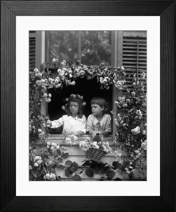Framed Print : Two girls (8-9) standing in window surrounded with briar Framed Print : Two girls (8-9) standing in window surrounded with briar