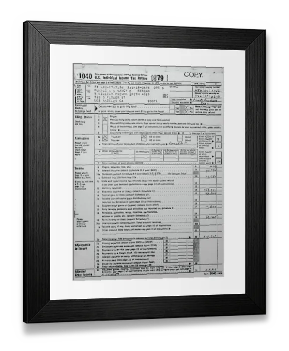 Framed Print : Ronald Reagan's Income Tax Form Framed Print : Ronald Reagan's Income Tax Form