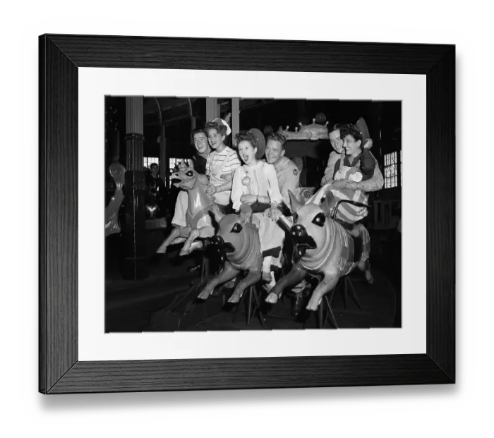 Framed Print : Young women and men enjoying ride on carousel