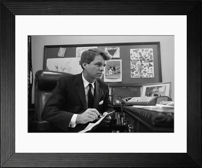 Framed Print : Profile of Robert Francis Kennedy Pausing from Writing at His Desk