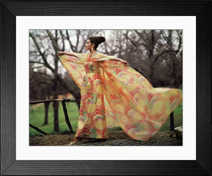 Framed Print : Model Posing in a Twin-Print Evening Gown Framed Print : Model Posing in a Twin-Print Evening Gown