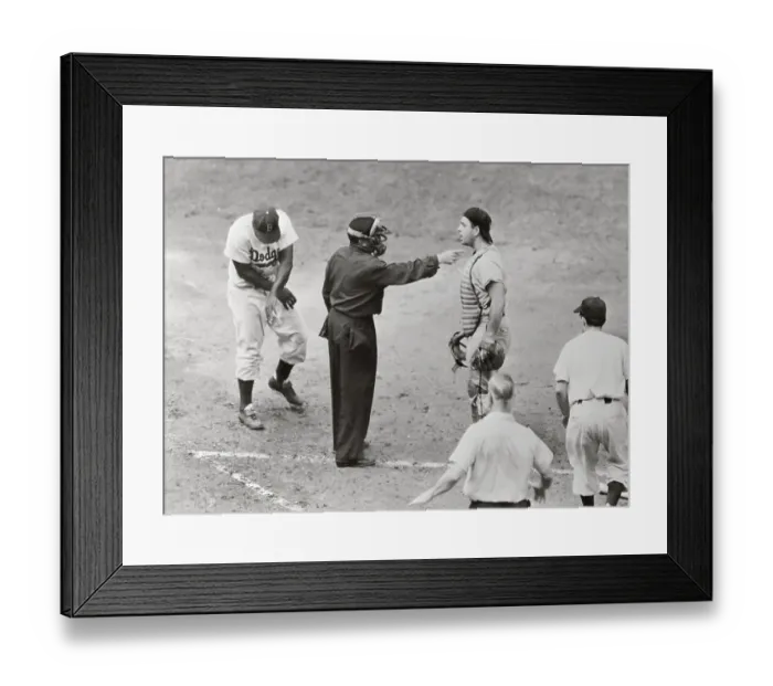 Framed Print : Jackie Robinson Examining Arm and Umpire Pointing at Catcher