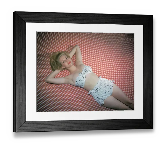 Framed Print : Famous Model Chili Williams Wearing Polka Dot Bikini and Lying on Dotted Red and White Fabric Framed Print : Famous Model Chili Williams Wearing Polka Dot Bikini and Lying on Dotted Red and White Fabric