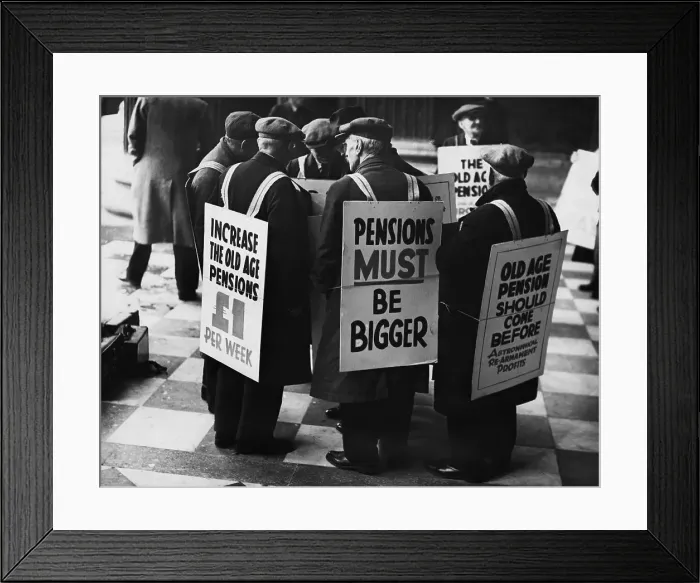 Framed Print : Men On Strike W / Signs / Larger Pensions Framed Print : Men On Strike W / Signs / Larger Pensions