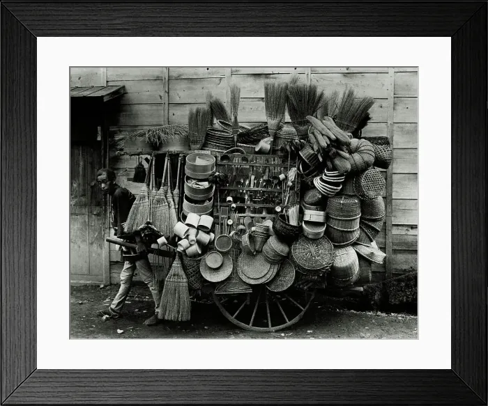 Framed Print : Japanese Man Pulling Cart With Hats Framed Print : Japanese Man Pulling Cart With Hats