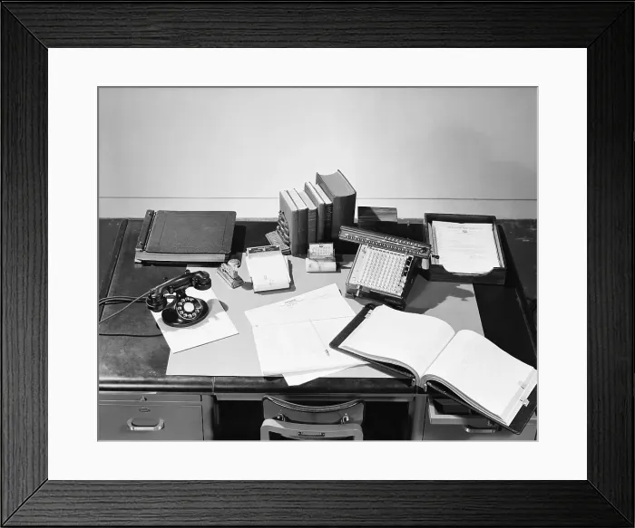 Framed Print : Desk Covered with Assorted Office Supplies