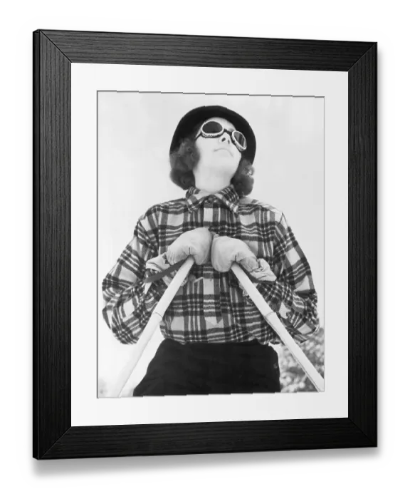 Framed Print : Waist-Up Woman W / Goggles & Ski Poles