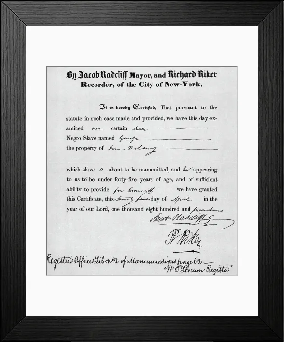 Framed Print : Nyc Manumission Certificate Framed Print : Nyc Manumission Certificate