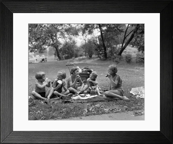 Framed Print : Group of girls (6-7) and boys (8-9) in picnic
