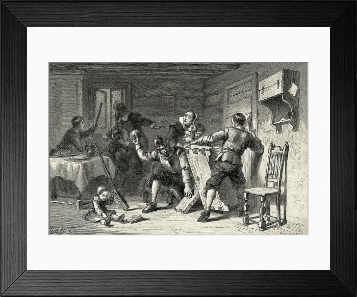 Framed Print : Puritans Barricading their House Against Indians Framed Print : Puritans Barricading their House Against Indians