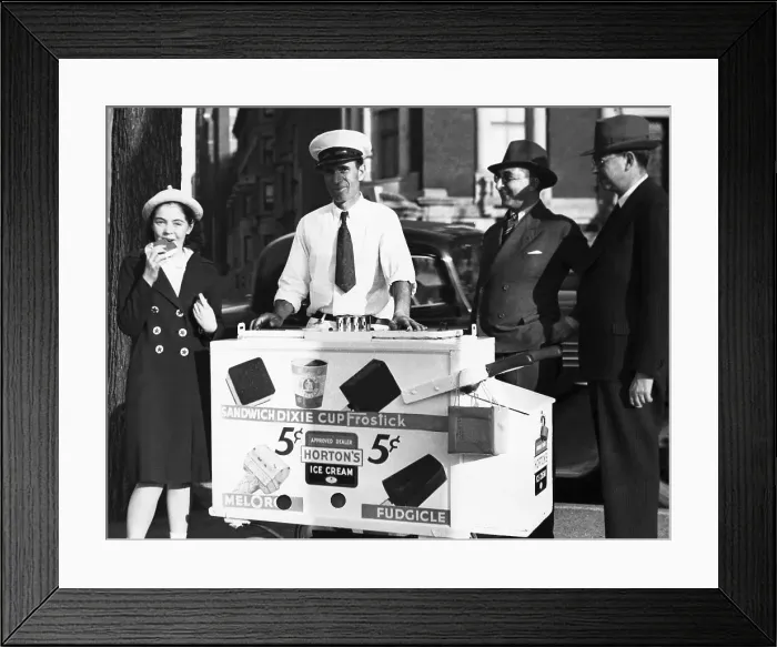 Framed Print : Girl and Men Around Ice Cream Man Framed Print : Girl and Men Around Ice Cream Man