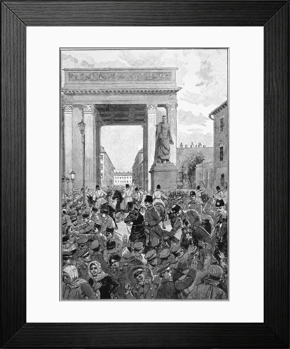 Framed Print : Engraving of Police Charging a Crowd in St. Petersburg, Russia Framed Print : Engraving of Police Charging a Crowd in St. Petersburg, Russia