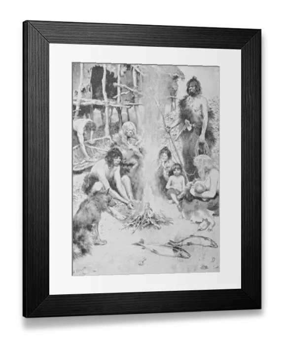 Framed Print : Prehistoric Family Surrounding Fire Framed Print : Prehistoric Family Surrounding Fire