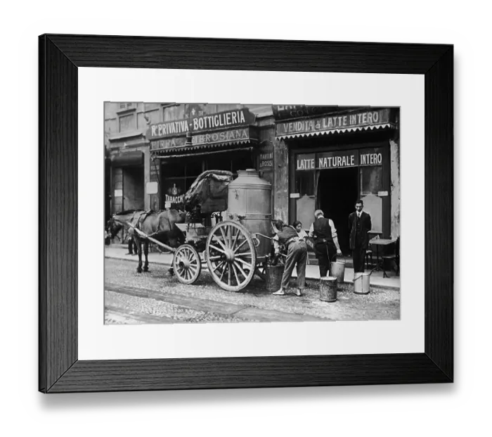 Framed Print : Store Workers Collecting Milk from Wagon Framed Print : Store Workers Collecting Milk from Wagon