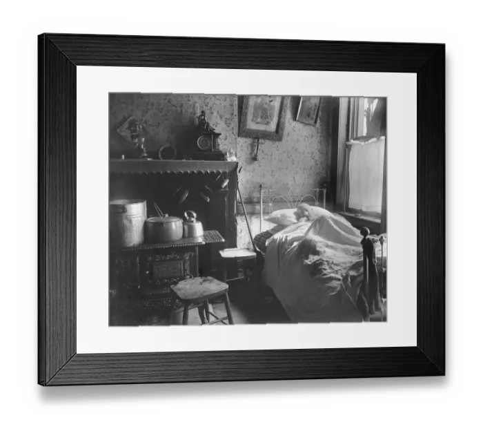 Framed Print : Man Lying in Bed in Tenement House Framed Print : Man Lying in Bed in Tenement House