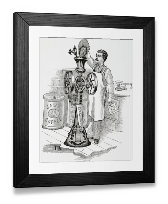 Framed Print : Man Pouring Coffee Beans into Grinding Machine Framed Print : Man Pouring Coffee Beans into Grinding Machine