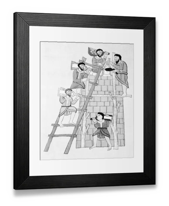 Framed Print : Men on and near Ladder While Constructing a Tower Framed Print : Men on and near Ladder While Constructing a Tower