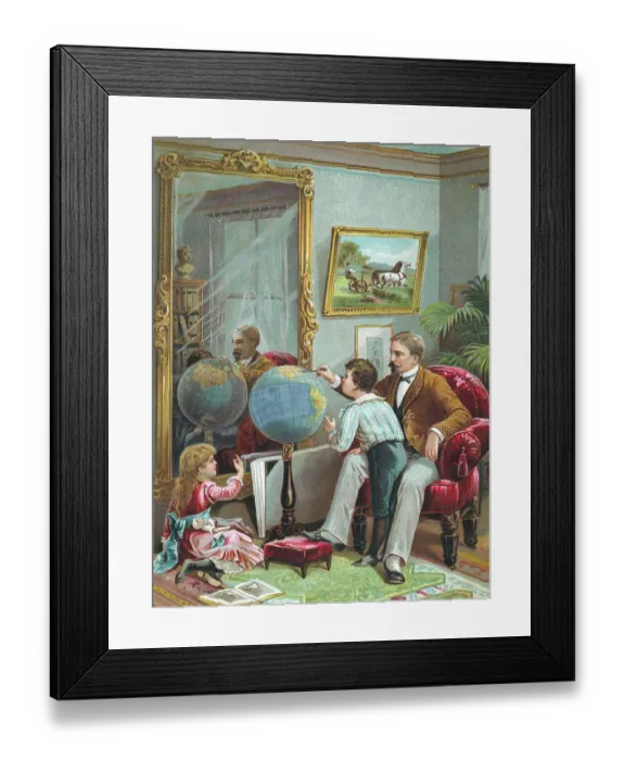Framed Print : Lithograph of a Father Instructing His Children in Geography Framed Print : Lithograph of a Father Instructing His Children in Geography