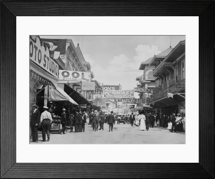 Framed Print : Street with Restaurants and Stores Framed Print : Street with Restaurants and Stores