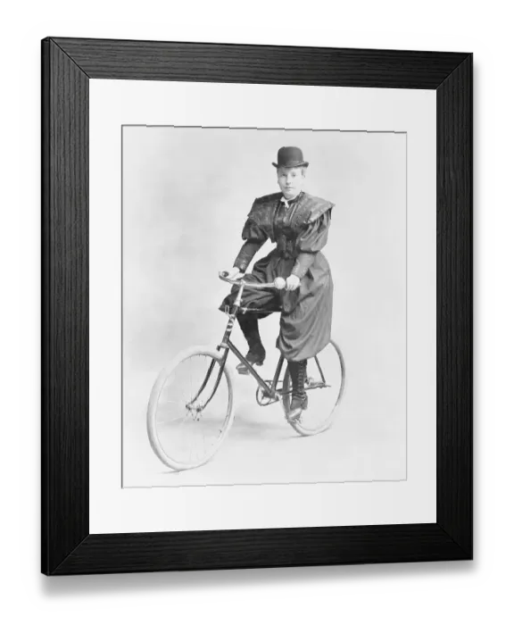 Framed Print : Suffragette Dressed in Man's Hat on Bicycle Framed Print : Suffragette Dressed in Man's Hat on Bicycle