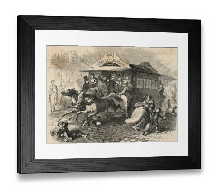 Framed Print : People Fleeing from Speeding Trolley Car Framed Print : People Fleeing from Speeding Trolley Car
