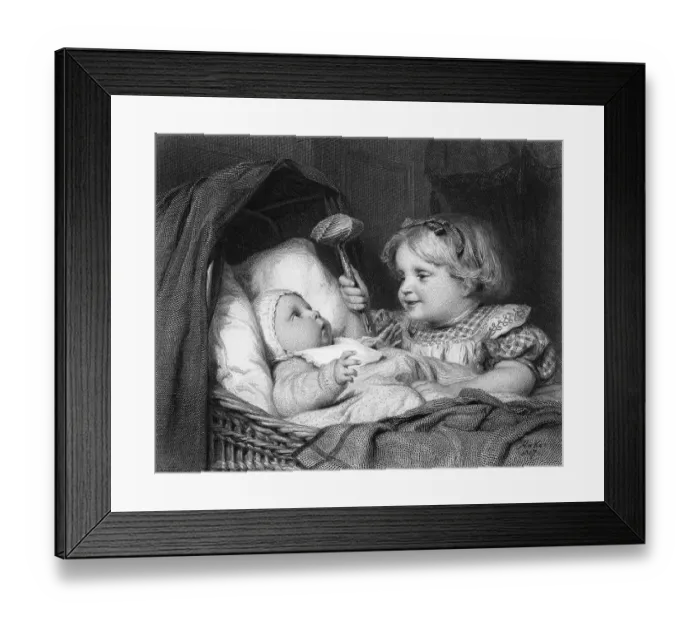 Framed Print : Girl Waving Rattle at Infant Framed Print : Girl Waving Rattle at Infant