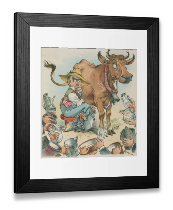 Framed Print : Political Cartoon of Men Waiting for Milk from Cow by Keppler Framed Print : Political Cartoon of Men Waiting for Milk from Cow by Keppler