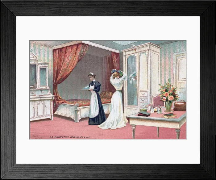 Framed Print : Woman Fixing Her Hat in Mirror Aboard Ship Framed Print : Woman Fixing Her Hat in Mirror Aboard Ship