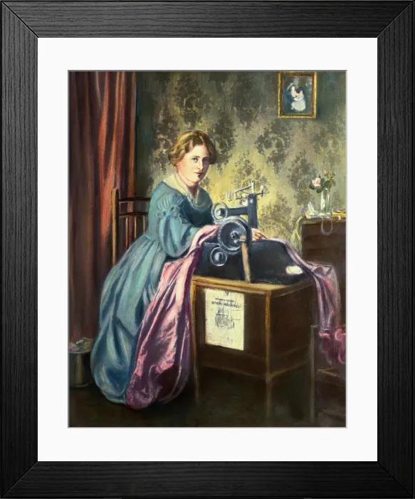 Framed Print : Young Woman Using Early Sewing Machine Framed Print : Young Woman Using Early Sewing Machine
