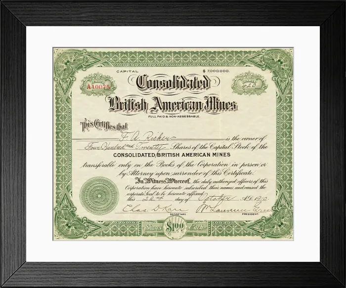 Framed Print : British American Mines Certificate Framed Print : British American Mines Certificate