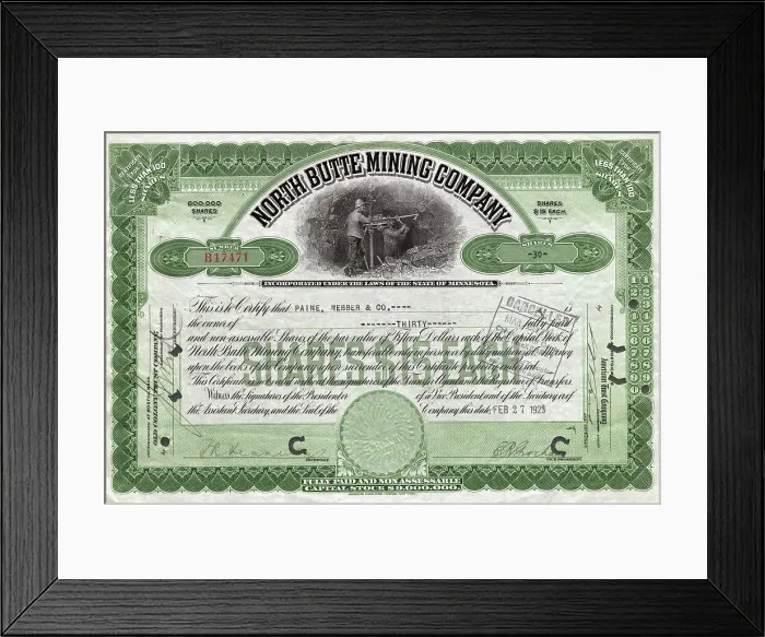 Framed Print : North Butte Mining Company Certficiate Framed Print : North Butte Mining Company Certficiate