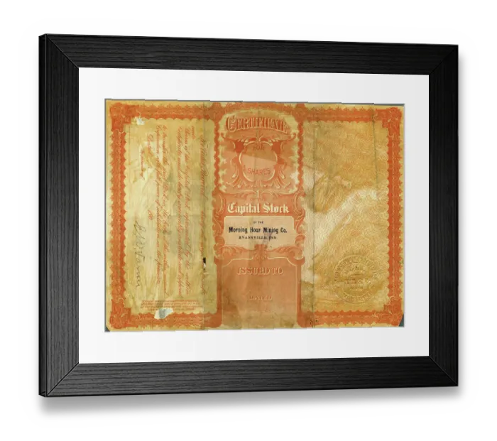 Framed Print : The Back of a Morning Hour Mining Company Certificate Framed Print : The Back of a Morning Hour Mining Company Certificate