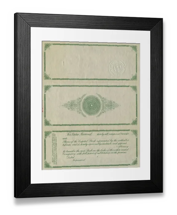 Framed Print : The Back of a British American Mine Certificate Framed Print : The Back of a British American Mine Certificate