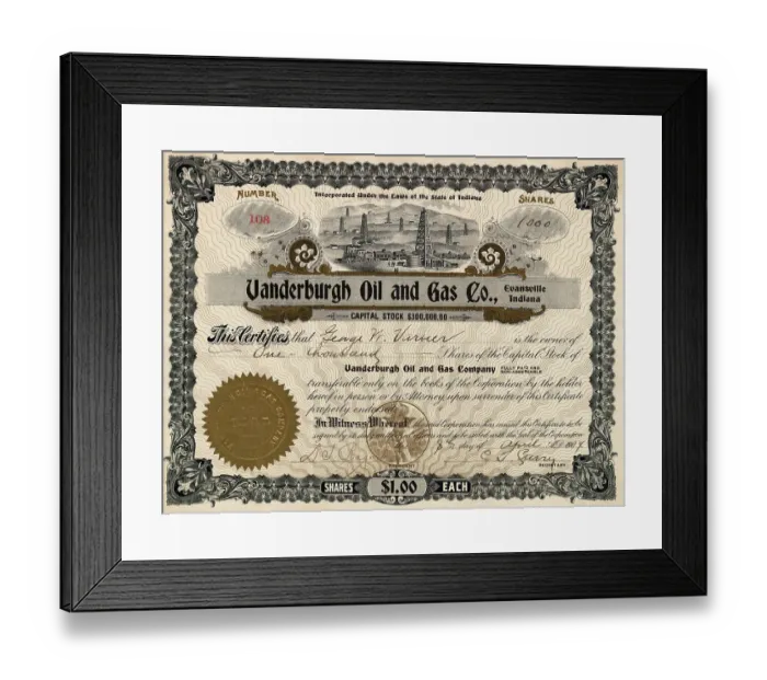 Framed Print : Vandeburgh Oil and Gas Company Certificate Framed Print : Vandeburgh Oil and Gas Company Certificate