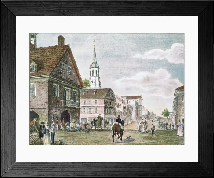 Framed Print : Church and Travelers in Street Scene of Early Philadelphia Framed Print : Church and Travelers in Street Scene of Early Philadelphia