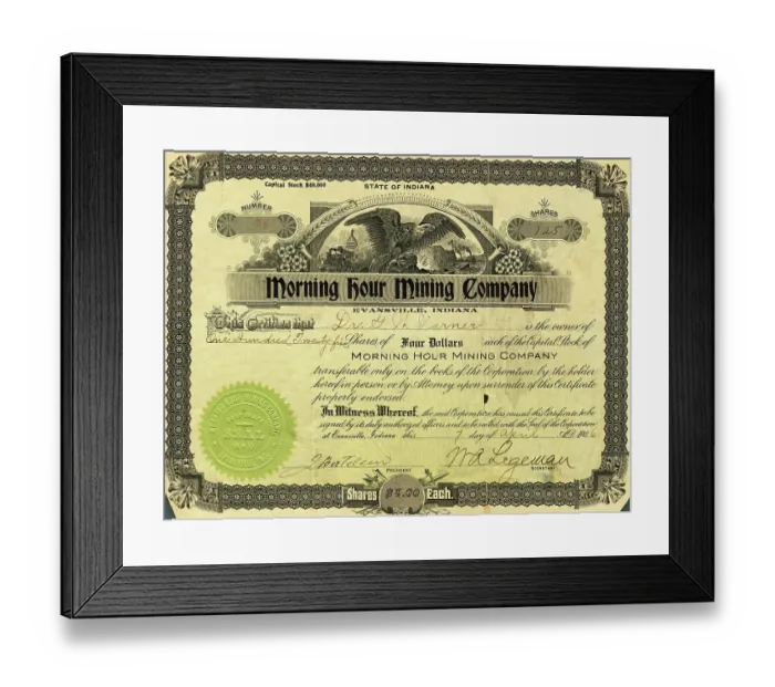 Framed Print : Morning Hour Mining Company Certificate Framed Print : Morning Hour Mining Company Certificate