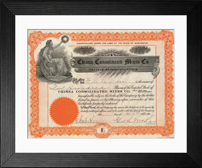Framed Print : Chisna Consolidates Mines Company Certificate Framed Print : Chisna Consolidates Mines Company Certificate