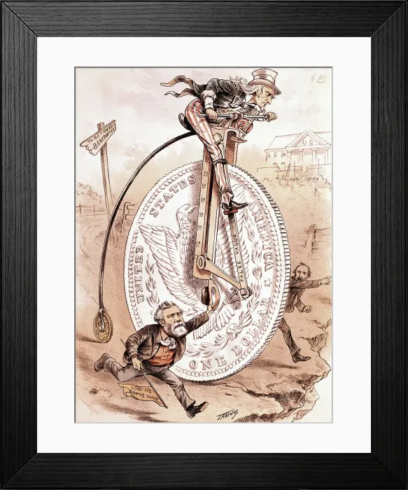 Framed Print : Cartoon of Uncle Sam on Bicycle Illustrating Gold vs. Silver Standard by J.A. Wales
