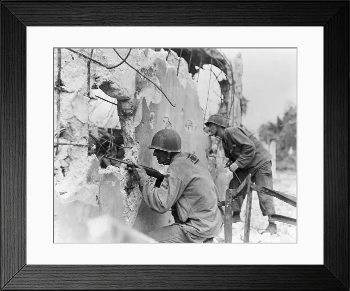 Framed Print : Two Soldiers With Rifles; Behind Trees