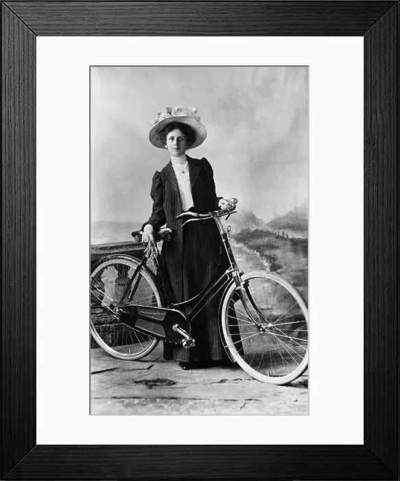 Framed Print : Lady In Flowerd Hat Poses With Bicycle Framed Print : Lady In Flowerd Hat Poses With Bicycle