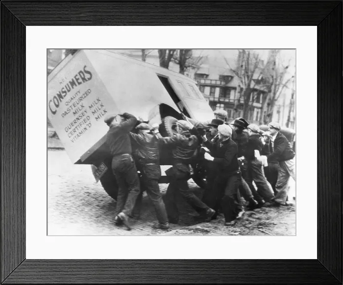 Framed Print : Strikers Tipping over Milk Truck Framed Print : Strikers Tipping over Milk Truck