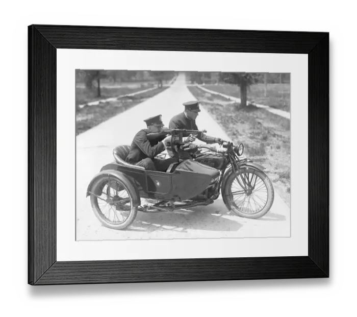 Framed Print : Policemen in Motorcycle Sidecar with Rifle Framed Print : Policemen in Motorcycle Sidecar with Rifle