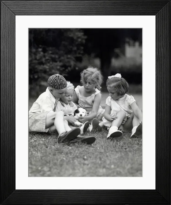 Framed Print : Children Playing with Puppy Framed Print : Children Playing with Puppy