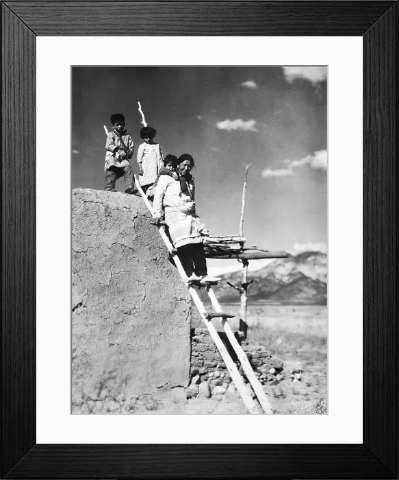 Framed Print : Pueblo Indian Mother and Children Descend a Ladder Framed Print : Pueblo Indian Mother and Children Descend a Ladder