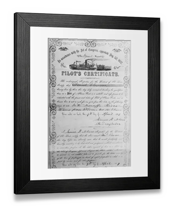 Framed Print : Mark Twain's Pilot's License Framed Print : Mark Twain's Pilot's License