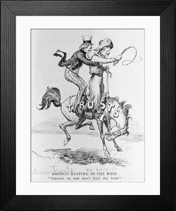 Framed Print : Cartoon-'Trusts Bronco Busting In West Framed Print : Cartoon-'Trusts Bronco Busting In West