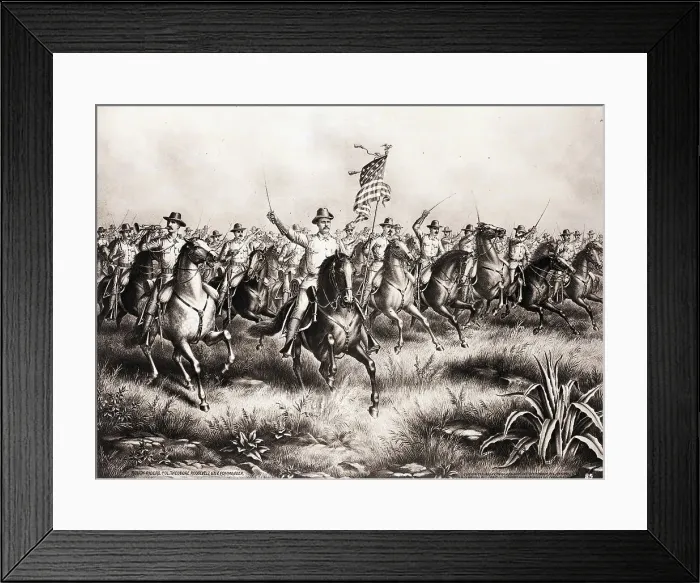 Framed Print : Lithograph of Theodore Roosevelt and the Rough Riders Charging San Juan Hill Framed Print : Lithograph of Theodore Roosevelt and the Rough Riders Charging San Juan Hill