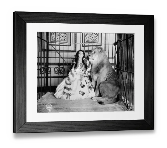 Framed Print : Lady Lion Tamer Caged with Lion